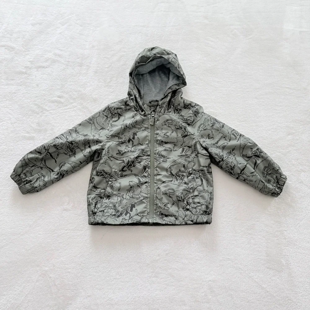 Carters Toddler Boys 2T Dinosaur Print Hooded Windbreaker Jacket Sage Green‎ Zip